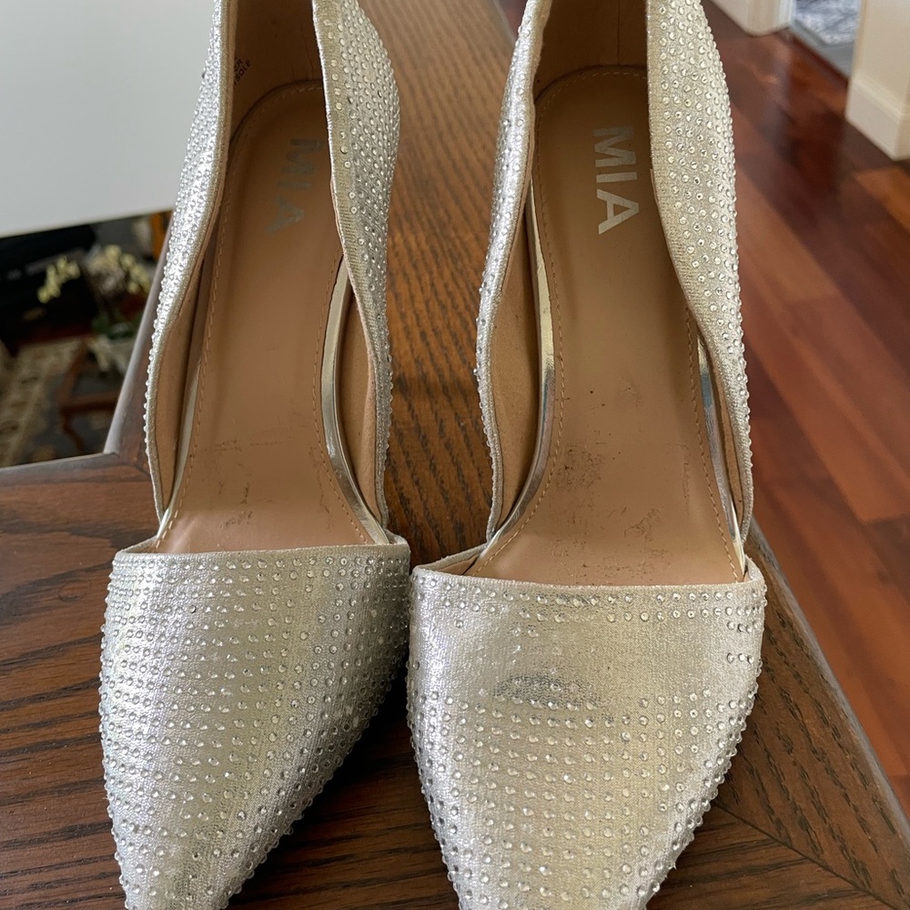 MIA Silver Pointed-Toe Crystal Embellished Heels